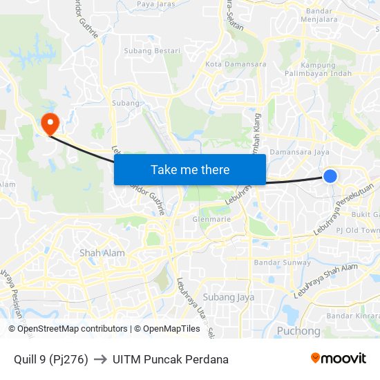 Quill 9 (Pj276) to UITM Puncak Perdana map