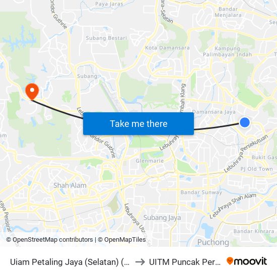 Uiam Petaling Jaya (Selatan) (Pj237) to UITM Puncak Perdana map