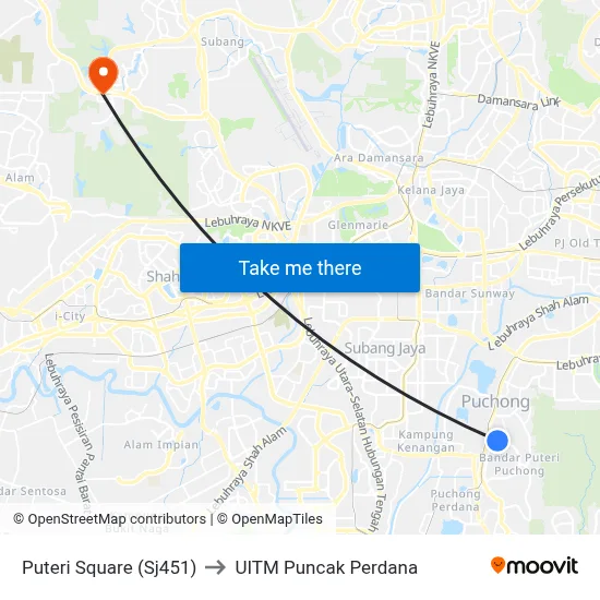 Puteri Square (Sj451) to UITM Puncak Perdana map