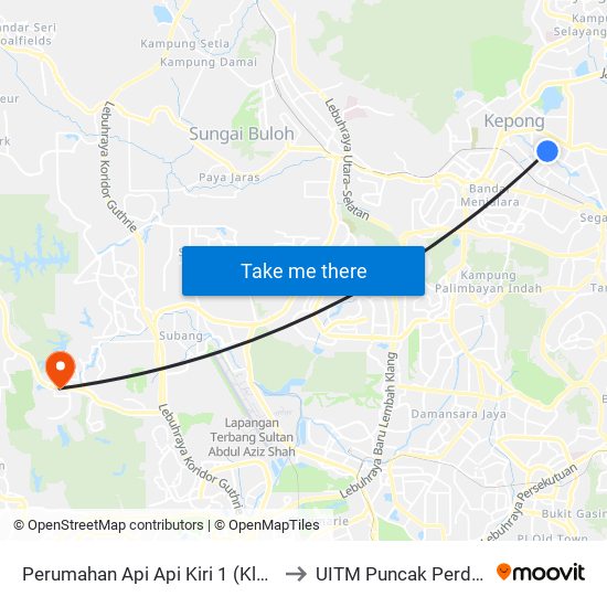 Perumahan Api Api Kiri 1 (Kl490) to UITM Puncak Perdana map