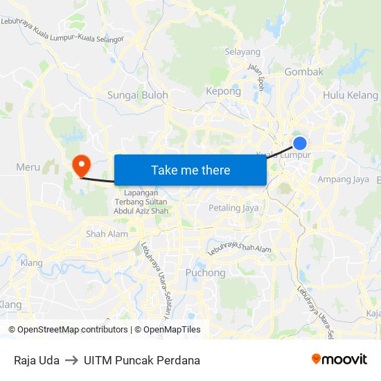 Raja Uda to UITM Puncak Perdana map