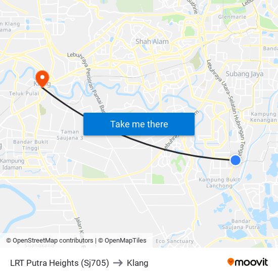 LRT Putra Heights (Sj705) to Klang map