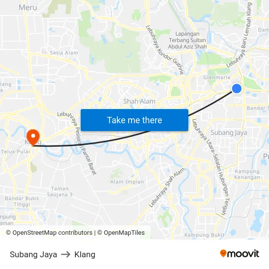 Subang Jaya to Klang map