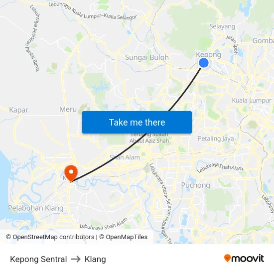Kepong Sentral to Klang map
