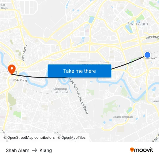 Shah Alam to Klang map