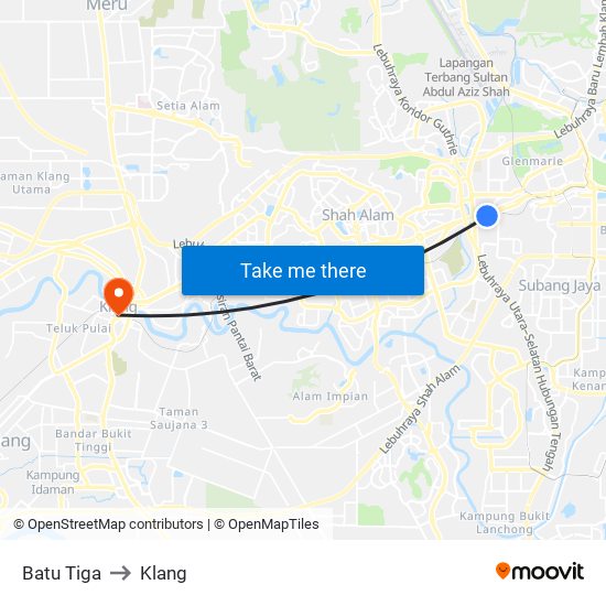 Batu Tiga to Klang map