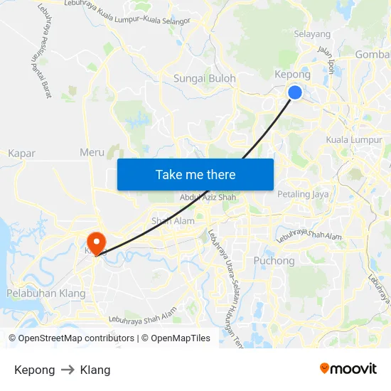 Kepong to Klang map