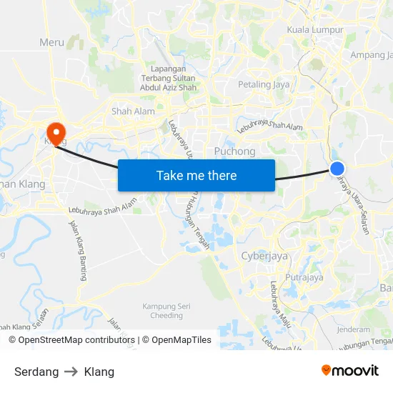 Serdang to Klang map