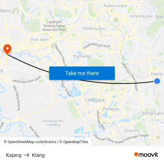 Kajang to Klang map