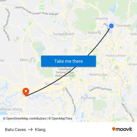 Batu Caves to Klang map