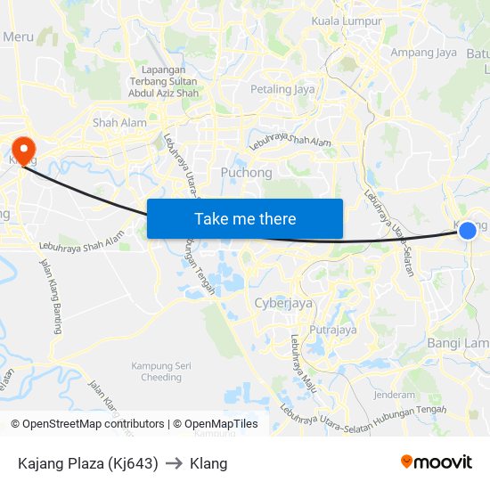 Kajang Plaza (Kj643) to Klang map