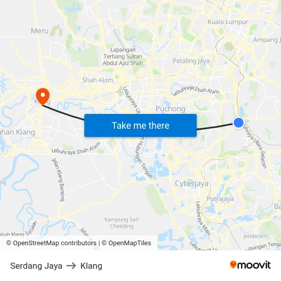 Serdang Jaya to Klang map