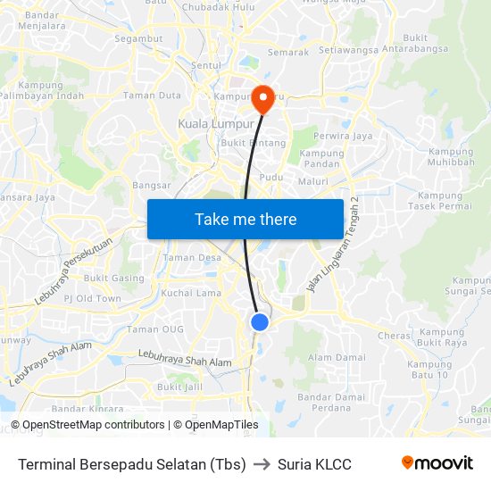 Terminal Bersepadu Selatan (Tbs) to Suria KLCC map