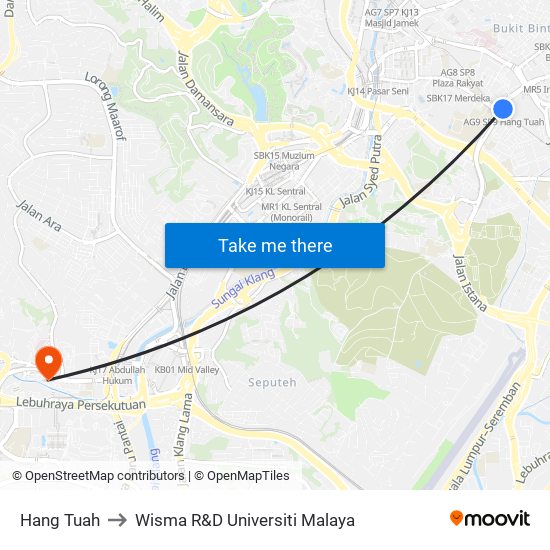 Hang Tuah to Wisma R&D Universiti Malaya map