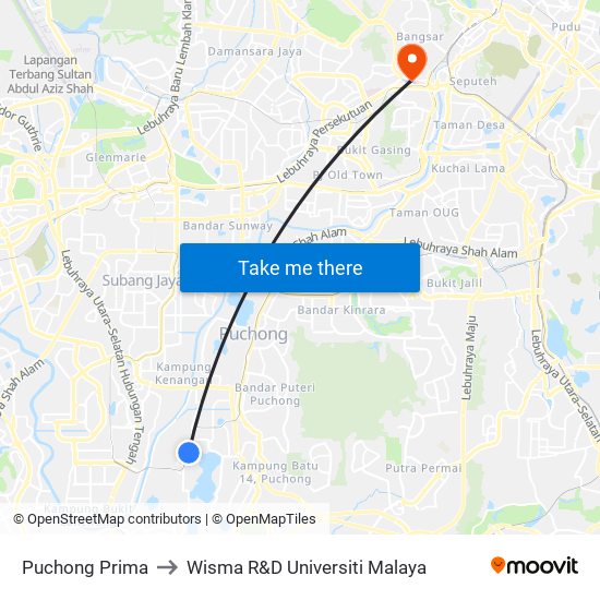 Puchong Prima to Wisma R&D Universiti Malaya map