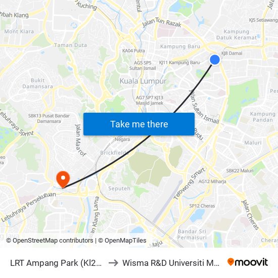 LRT Ampang Park (Kl2306) to Wisma R&D Universiti Malaya map