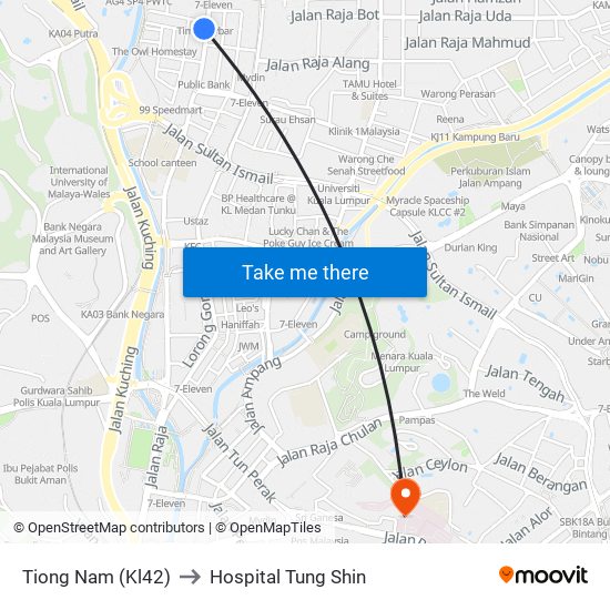 Tiong Nam (Kl42) to Hospital Tung Shin map