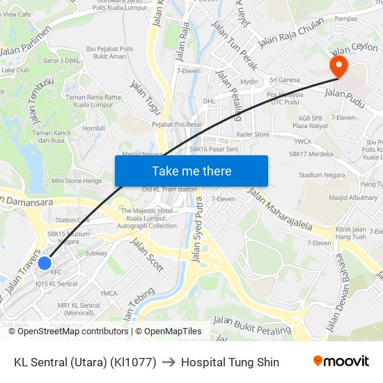 KL Sentral (Utara) (Kl1077) to Hospital Tung Shin map