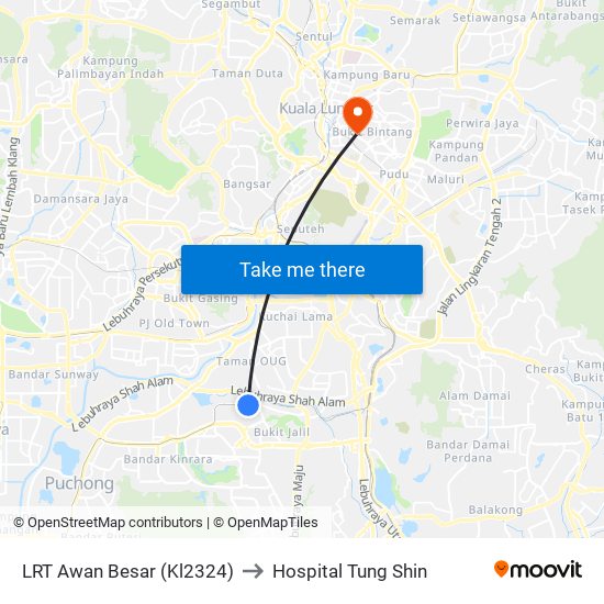 LRT Awan Besar (Kl2324) to Hospital Tung Shin map