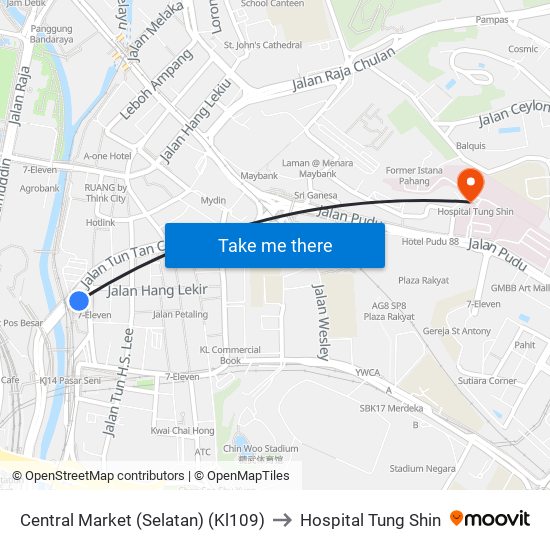 Central Market (Selatan) (Kl109) to Hospital Tung Shin map