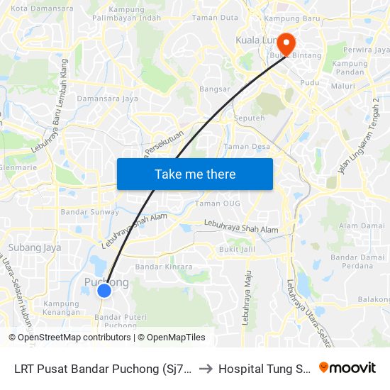 LRT Pusat Bandar Puchong (Sj735) to Hospital Tung Shin map