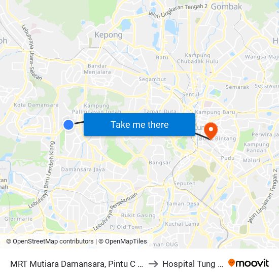 MRT Mutiara Damansara, Pintu C (Pj814) to Hospital Tung Shin map