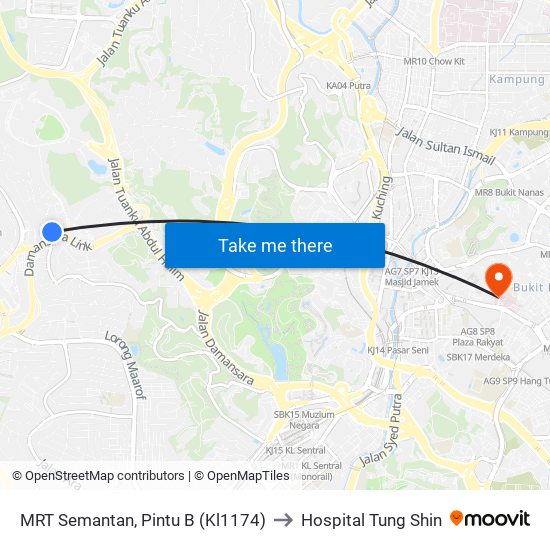 MRT Semantan, Pintu B (Kl1174) to Hospital Tung Shin map
