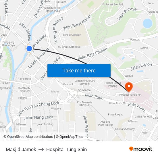 Masjid Jamek to Hospital Tung Shin map
