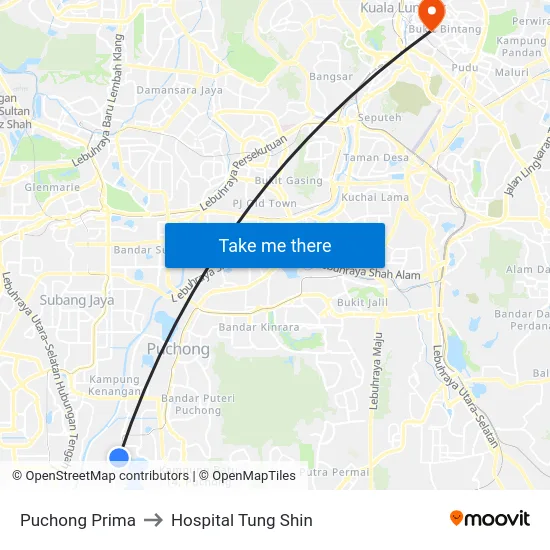 Puchong Prima to Hospital Tung Shin map