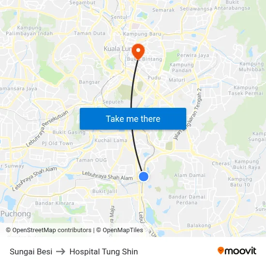 Sungai Besi to Hospital Tung Shin map