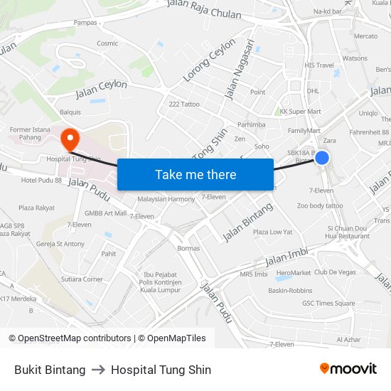 Bukit Bintang to Hospital Tung Shin map