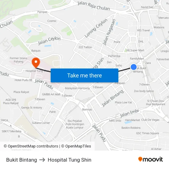 Bukit Bintang to Hospital Tung Shin map