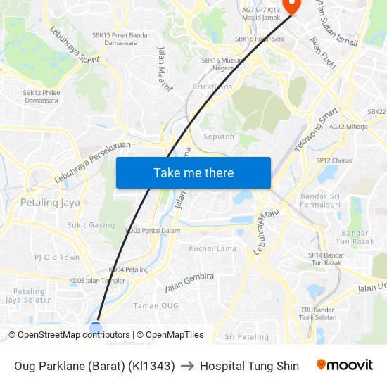 Oug Parklane (Barat) (Kl1343) to Hospital Tung Shin map