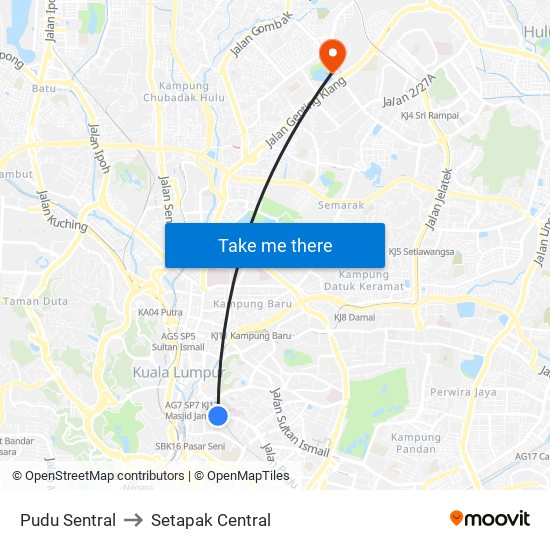 Pudu Sentral to Setapak Central map