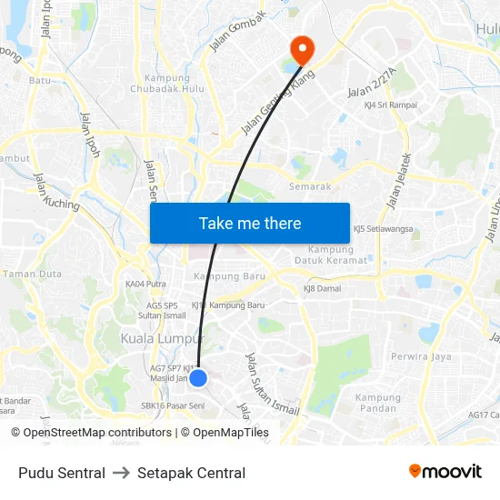 Pudu Sentral to Setapak Central map