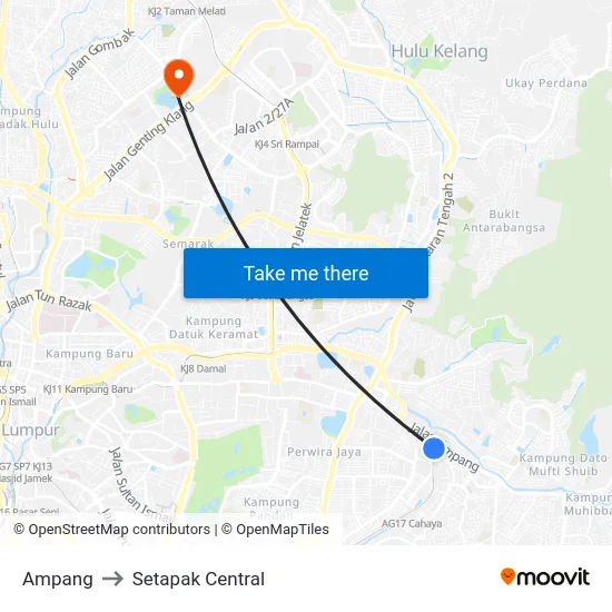 Ampang to Setapak Central map
