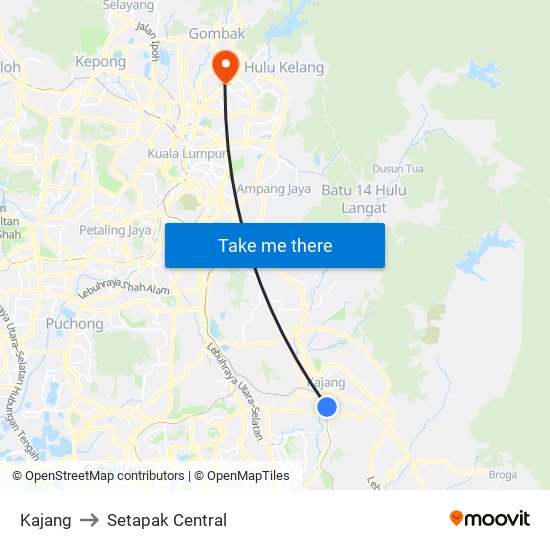 Kajang to Setapak Central map