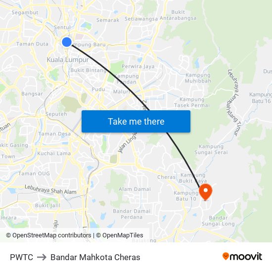 PWTC to Bandar Mahkota Cheras map