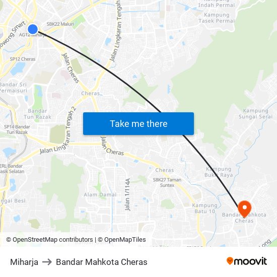 Miharja to Bandar Mahkota Cheras map