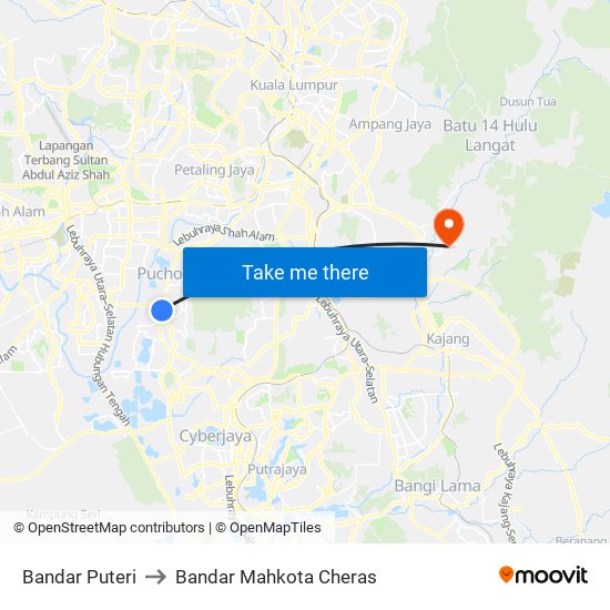 Bandar Puteri to Bandar Mahkota Cheras map