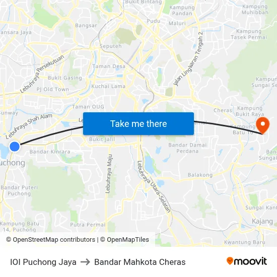 IOI Puchong Jaya to Bandar Mahkota Cheras map