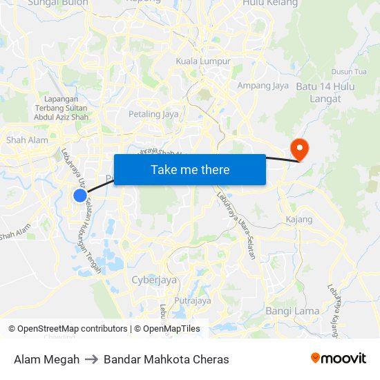 Alam Megah to Bandar Mahkota Cheras map