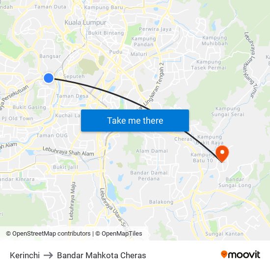 Kerinchi to Bandar Mahkota Cheras map