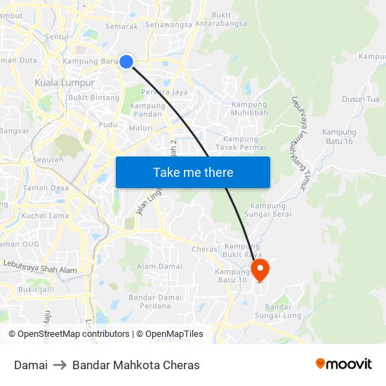 Damai to Bandar Mahkota Cheras map