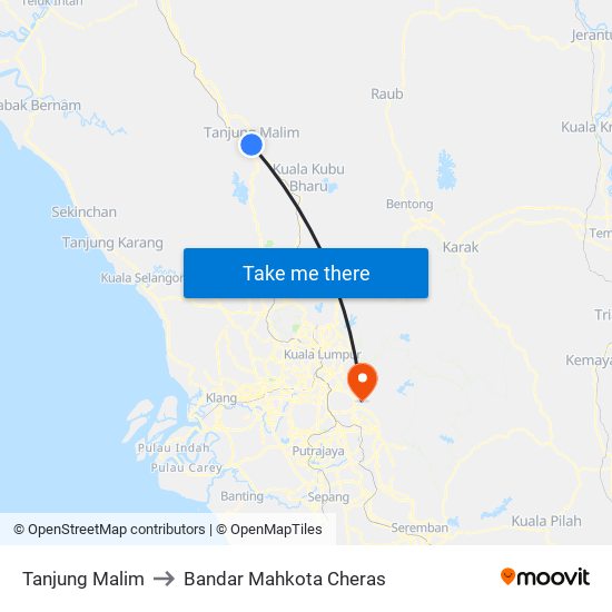 Tanjung Malim to Bandar Mahkota Cheras map