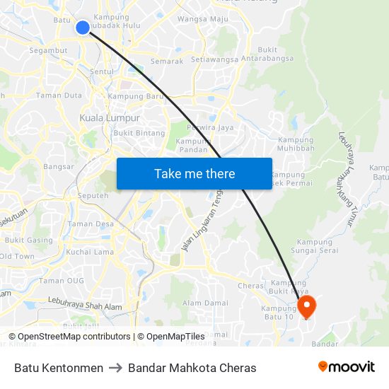 Batu Kentonmen to Bandar Mahkota Cheras map