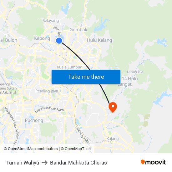 Taman Wahyu to Bandar Mahkota Cheras map