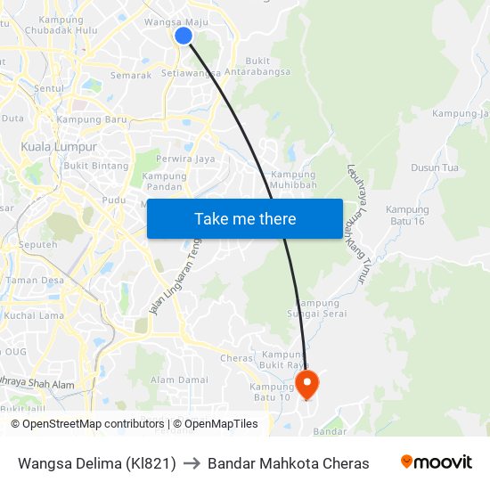 Wangsa Delima (Kl821) to Bandar Mahkota Cheras map