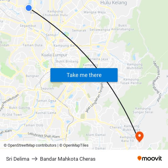 Sri Delima to Bandar Mahkota Cheras map