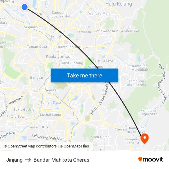 Jinjang to Bandar Mahkota Cheras map